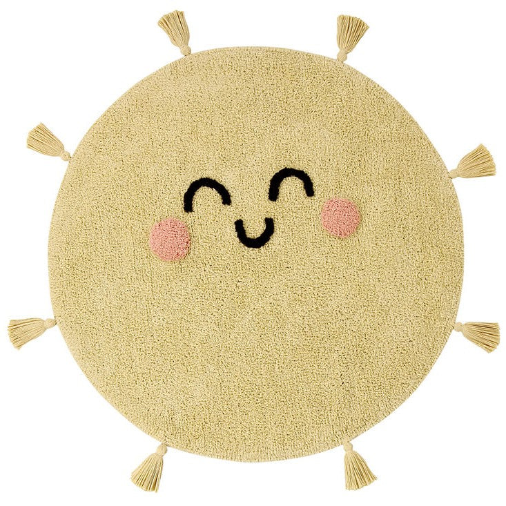 Yellow, cotton tufted round rug shaped as a smiling sun