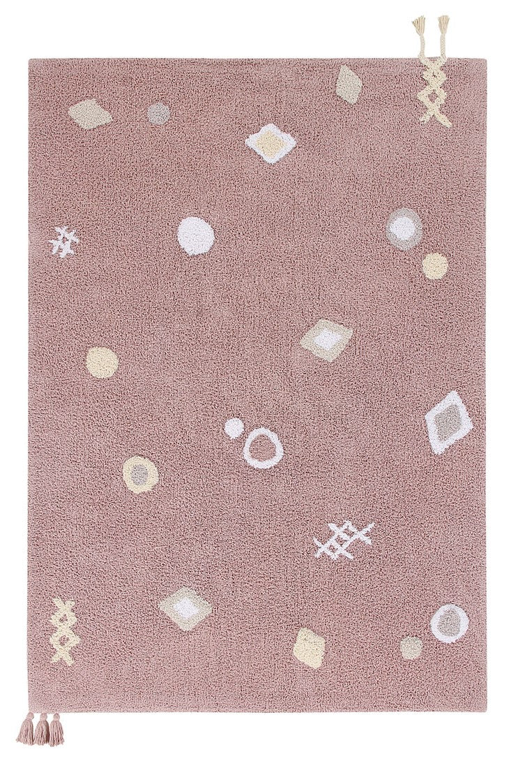 Pink lorena canals cotton rug decorated with shapes and tassels
