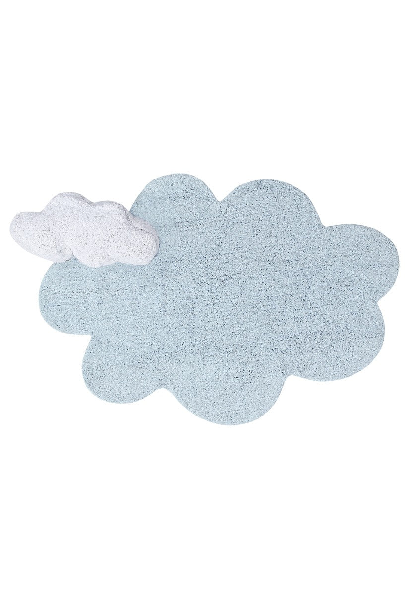 A large blue cotton rug shaped like a cloud, with a smaller detachable pastel blue cotton cushion