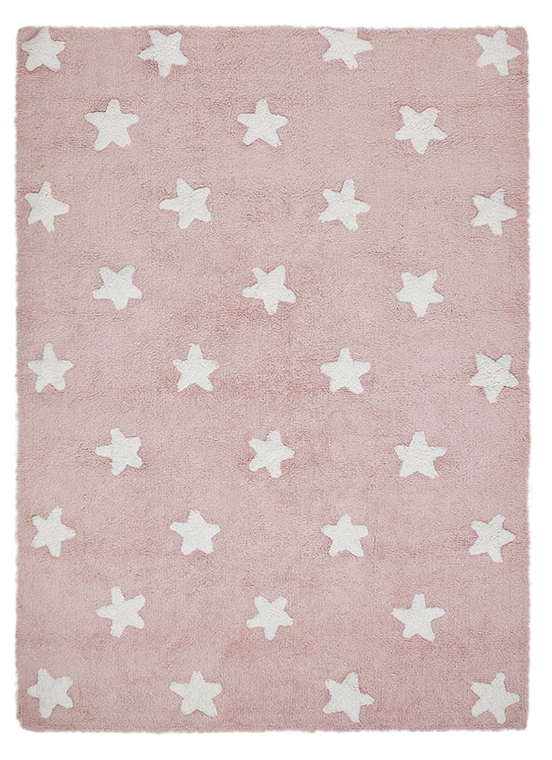 Rectangular pink cotton rug decorated with white stars