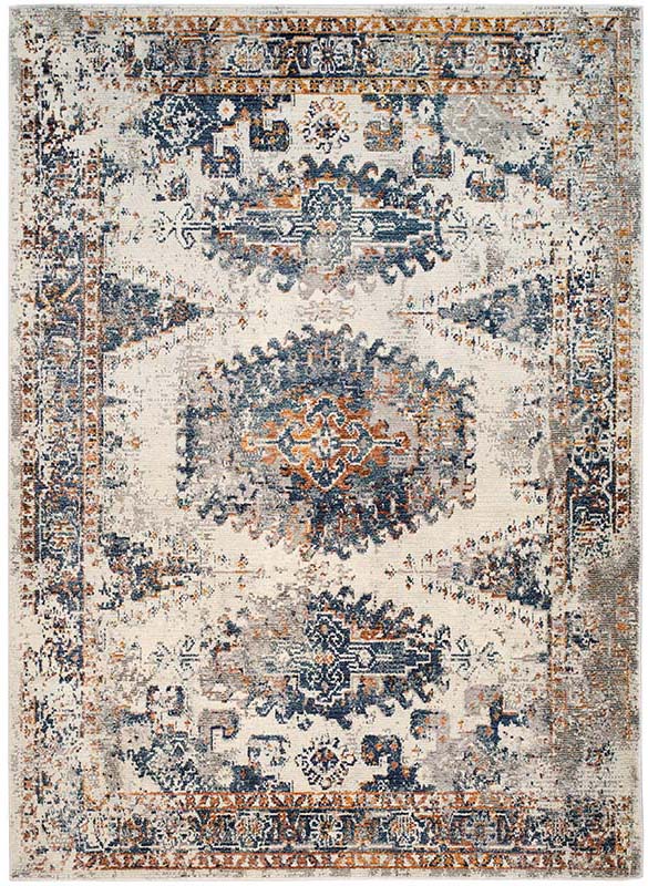 aztec style area rug in blue, cream and rust