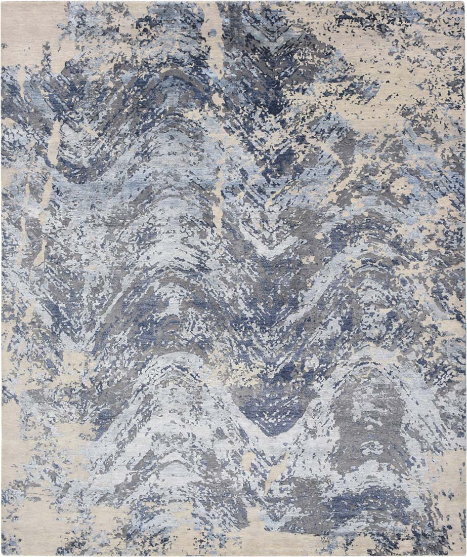 Modern blue, beige and grey bamboo silk rug. 
