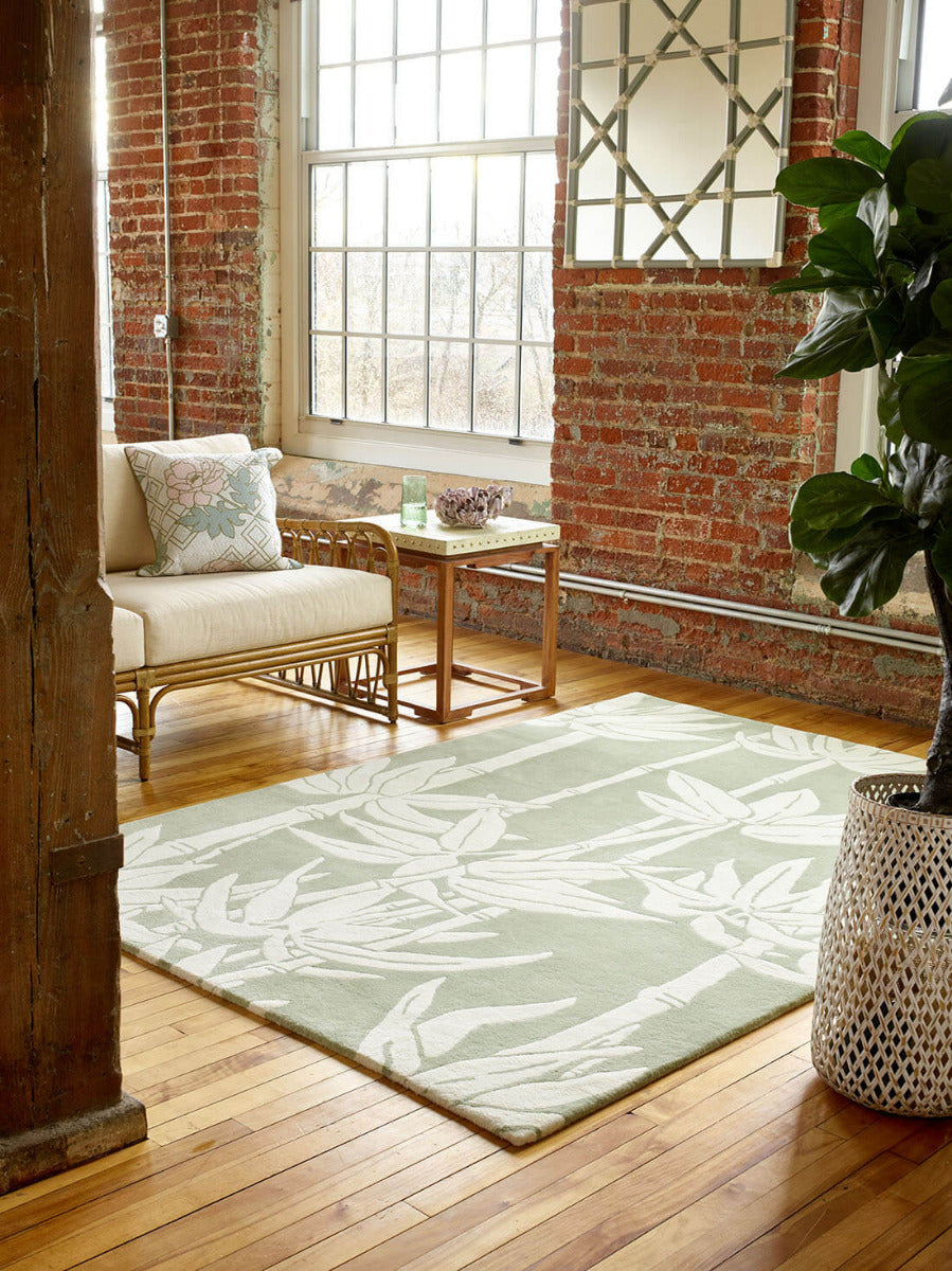 Green and Ivory Wool rug with bamboo design