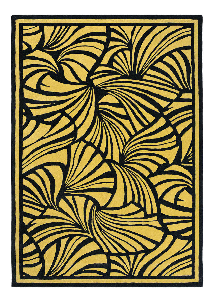 Gold and black contemporary floral wool rug