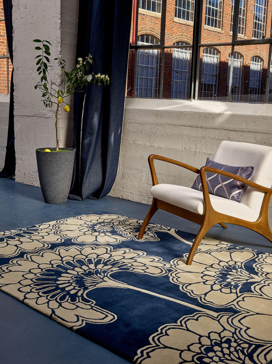 Navy and beige floral wool rug