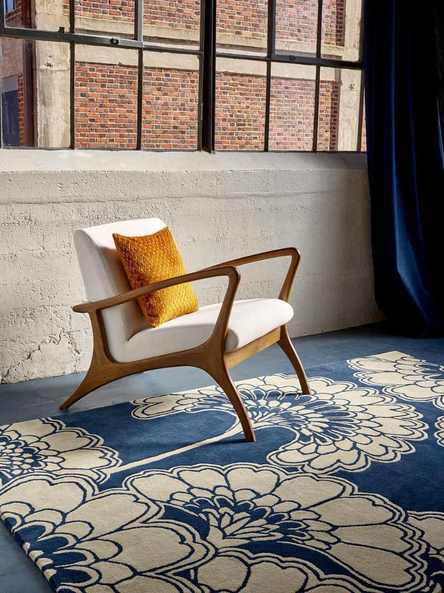 Navy and beige floral wool rug