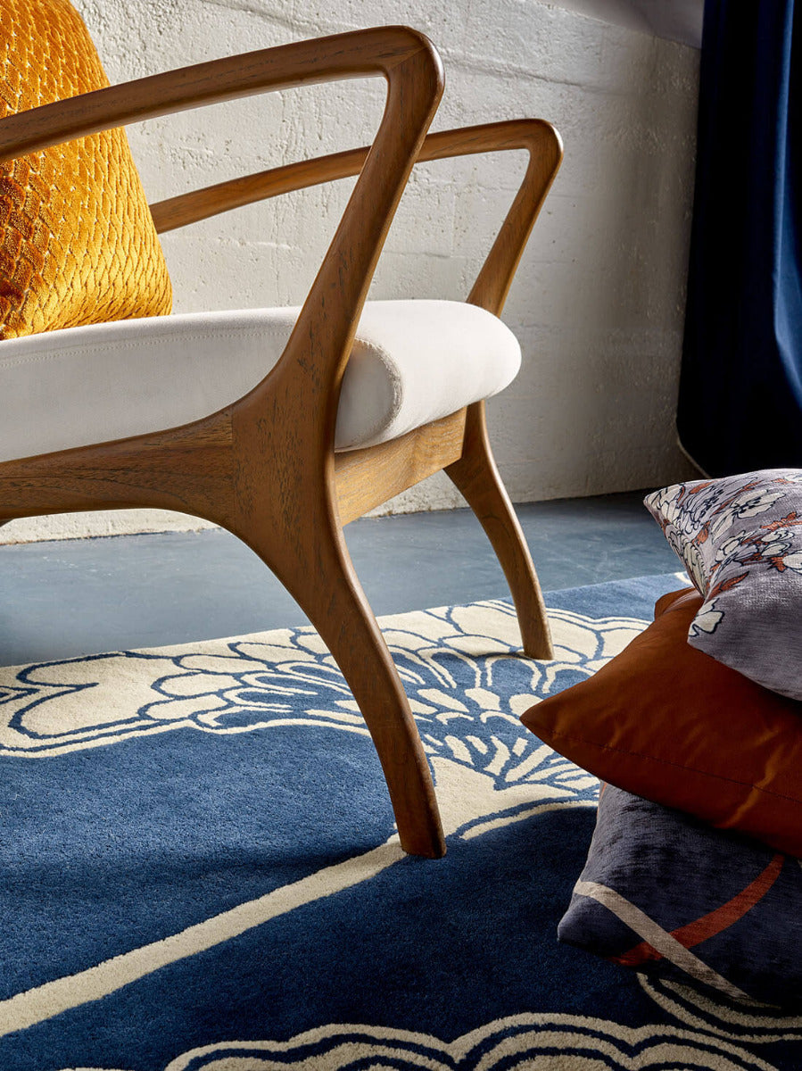 Navy and beige floral wool rug