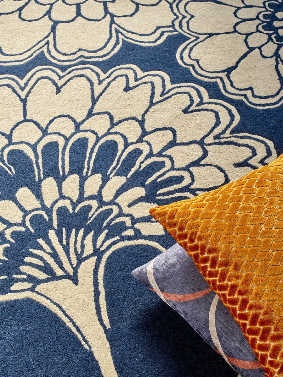 Navy and beige floral wool rug