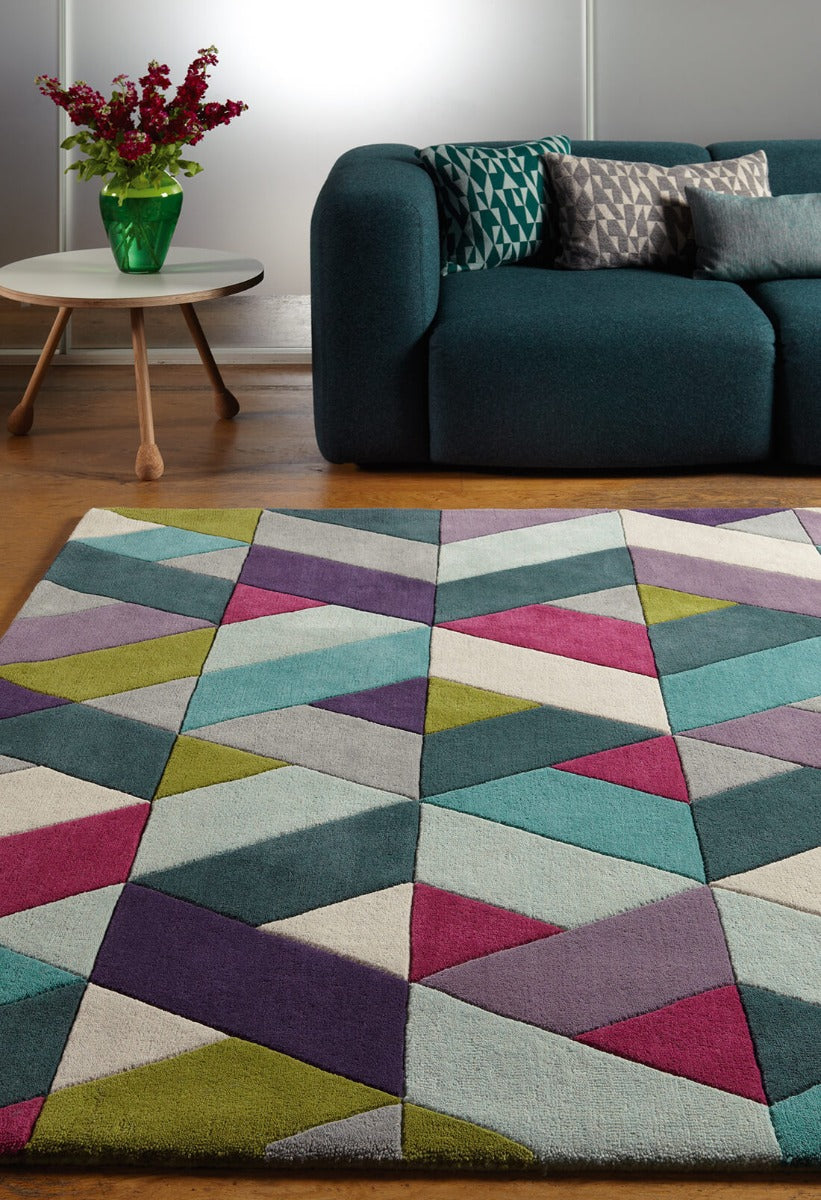 multicolour area rug with a geometric triangle design
