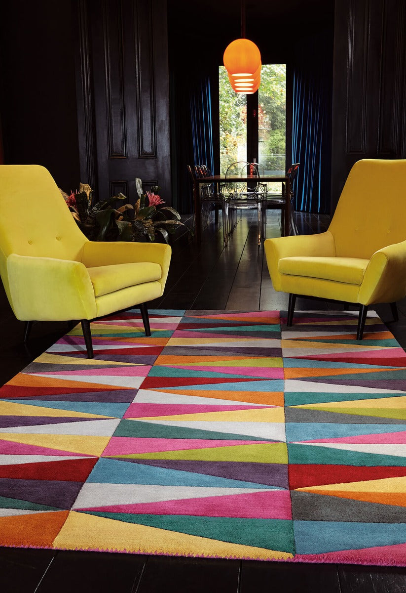 multicolour rug with a geometric triangle pattern