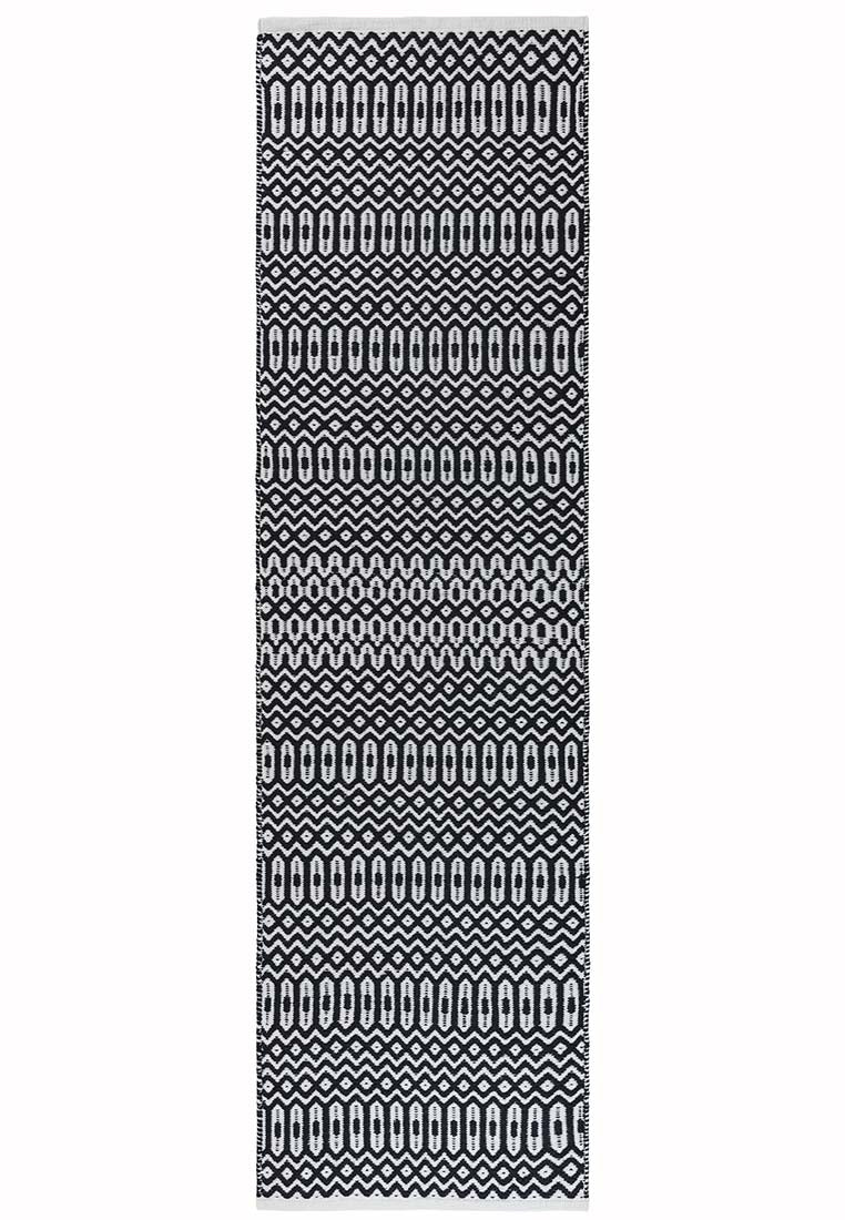 black indoor/outdoor runner with geometric design