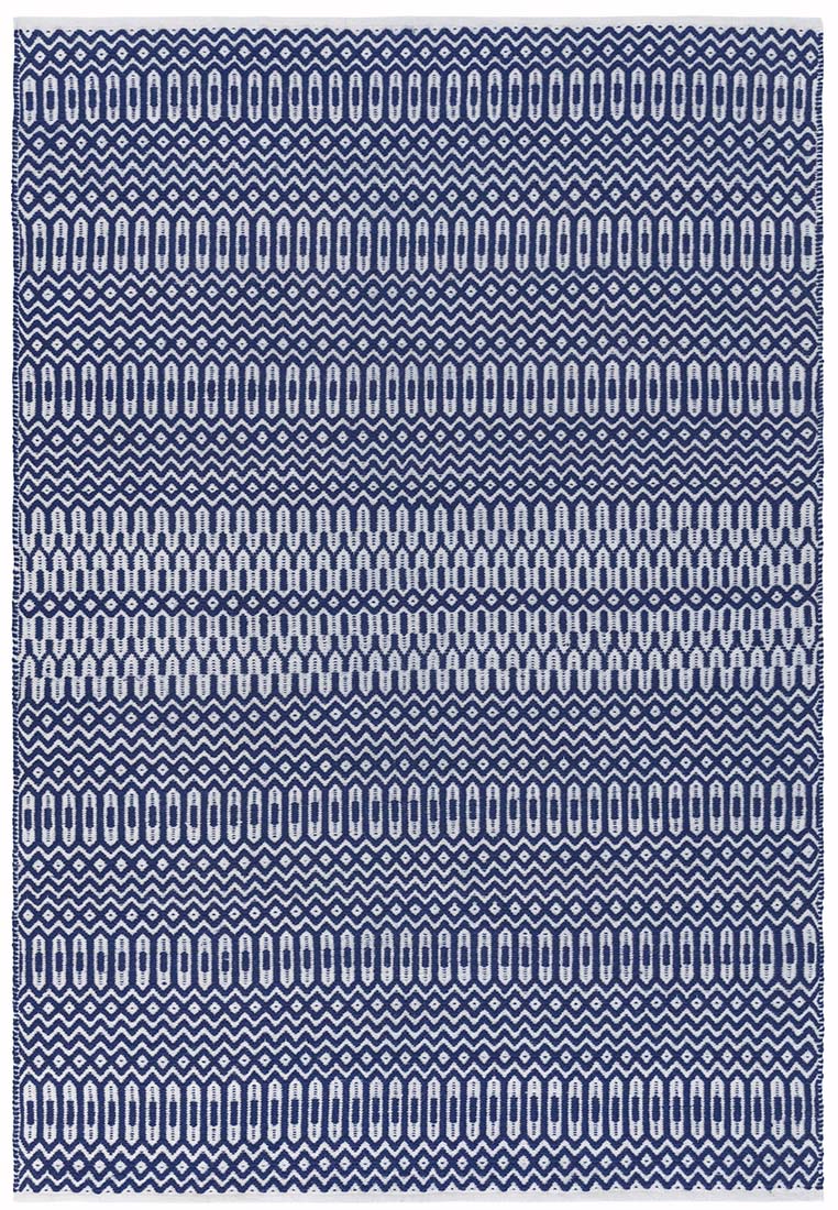 blue indoor/outdoor rug with geometric design
