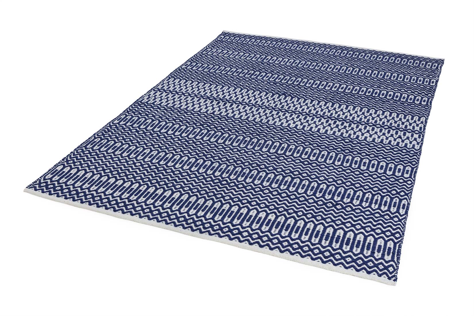 blue indoor/outdoor rug with geometric design