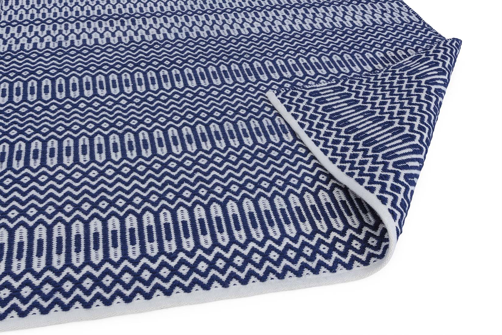 blue indoor/outdoor rug with geometric design