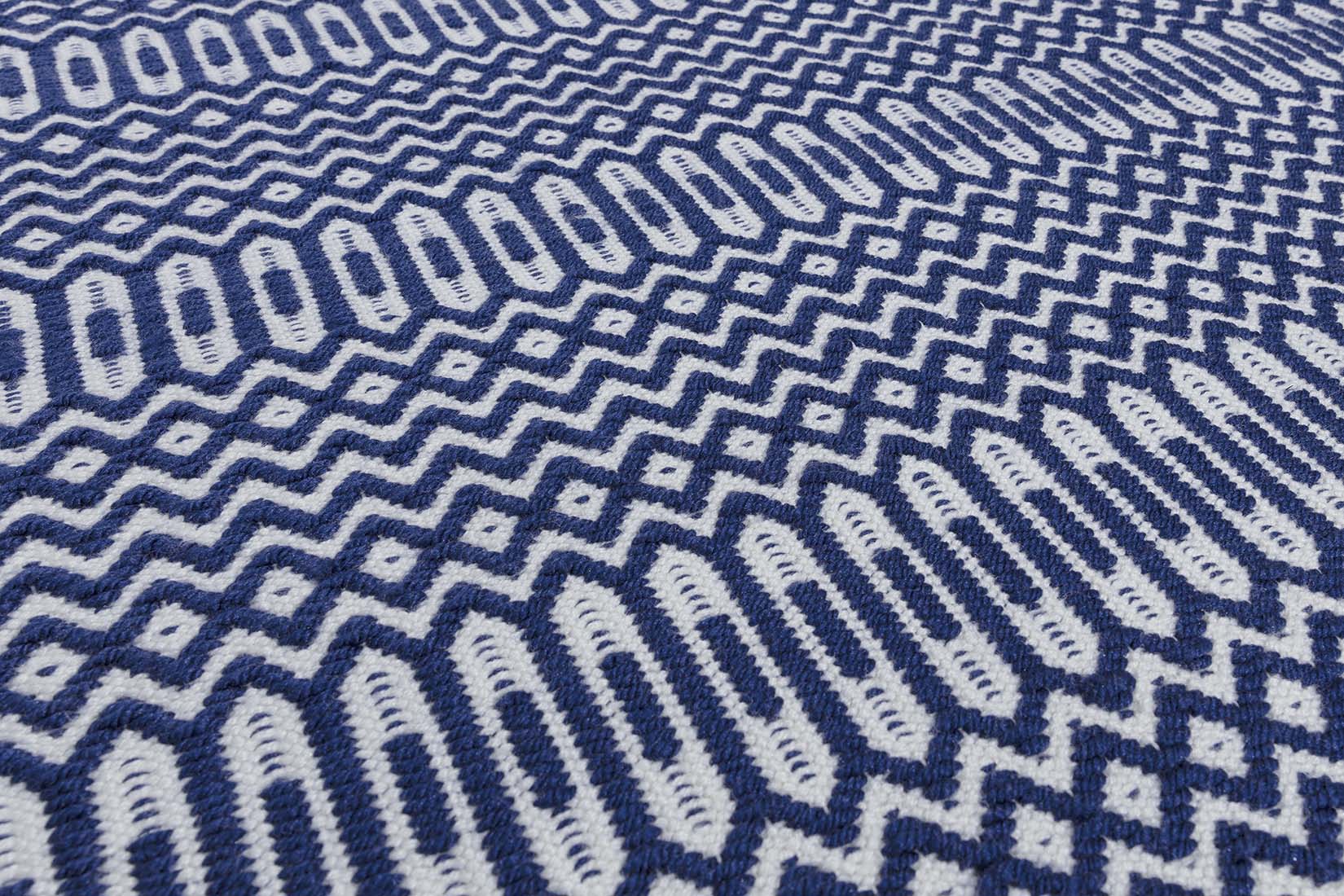 blue indoor/outdoor rug with geometric design
