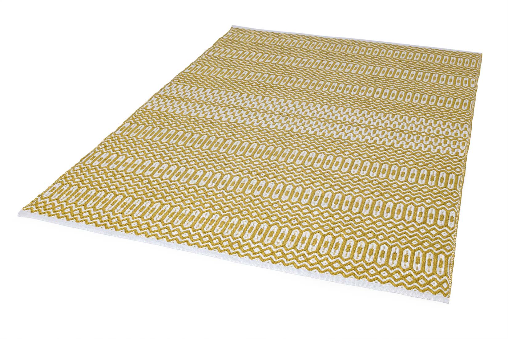 yellow indoor/outdoor rug with geometric design