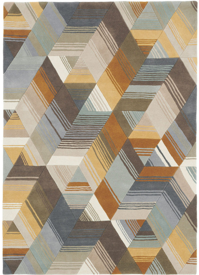 Harlequin rug with a multi-directional stripe design in grey and mustard yellow