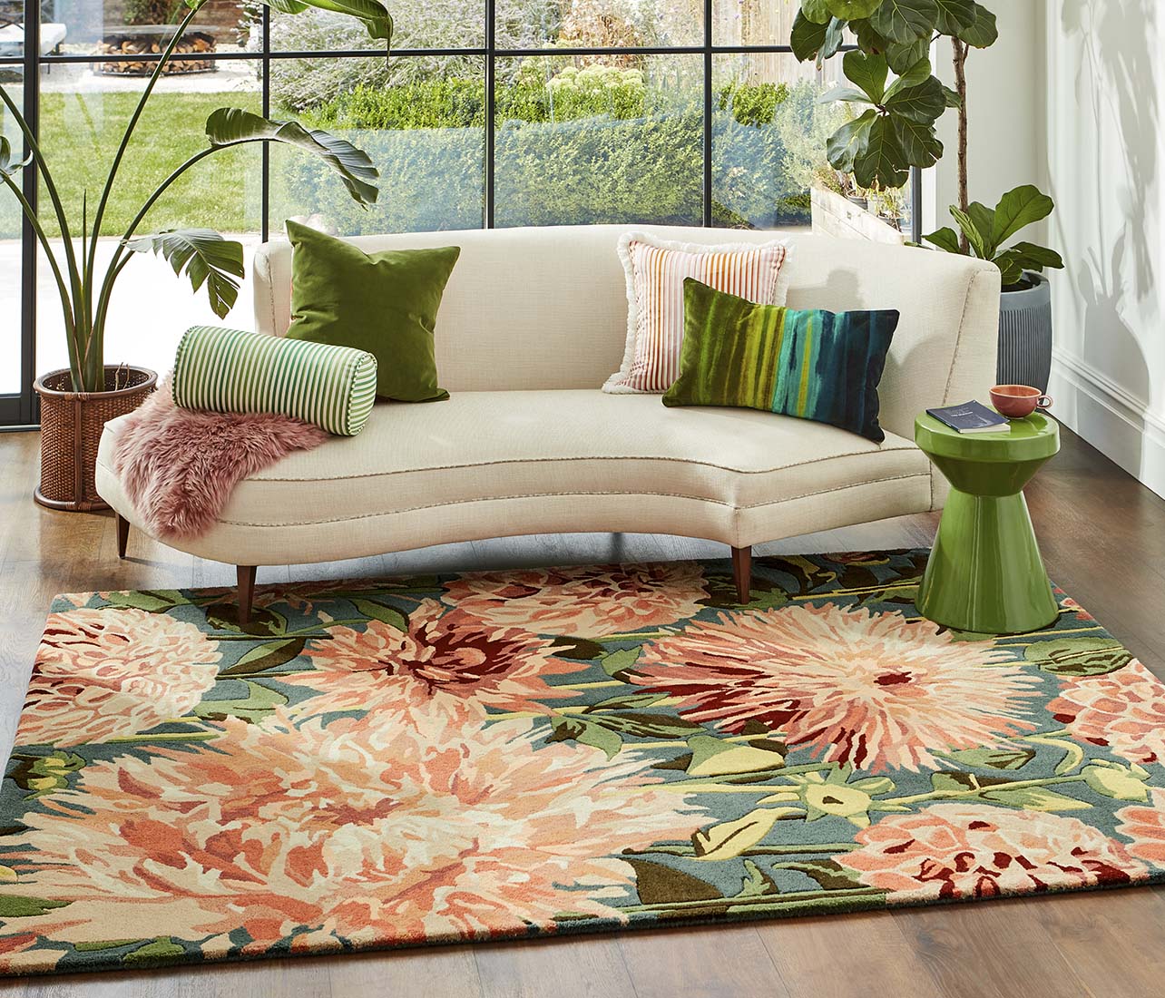 floral wool rug in orange