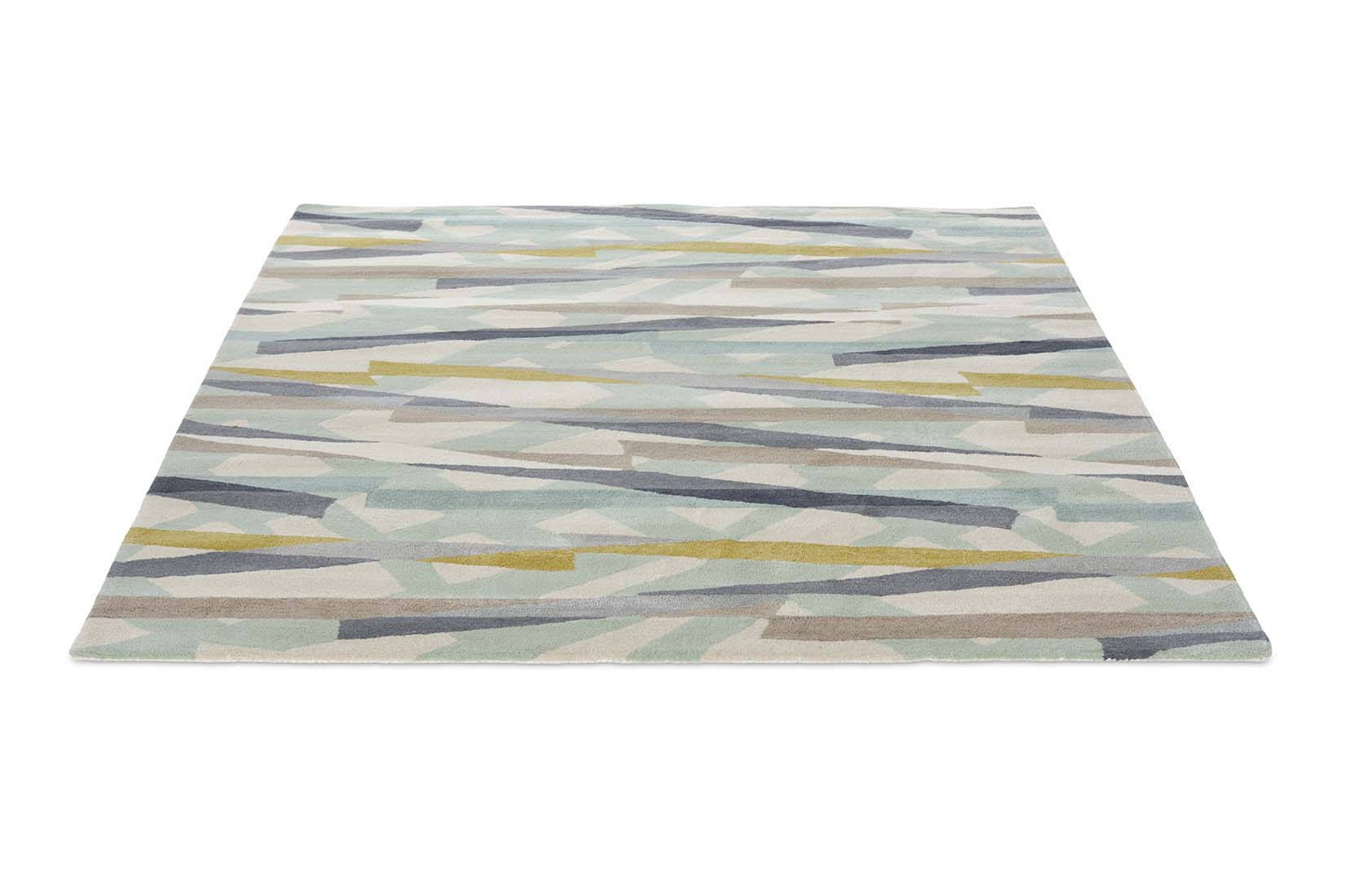 mint green wool rug with abstract design in mustard, grey and taupe