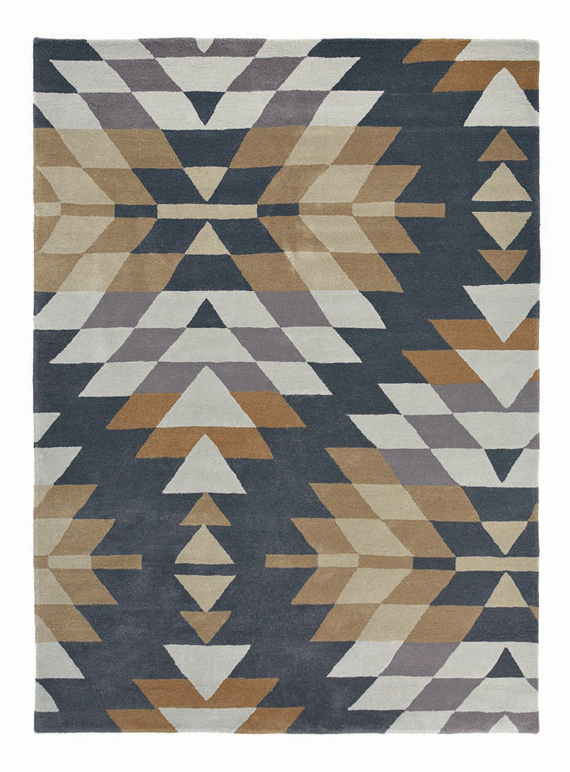Modern geometric rug in shades of blue, grey, and brown