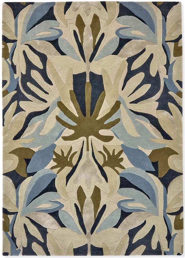 modern wool damask rug in blue, cream and brown