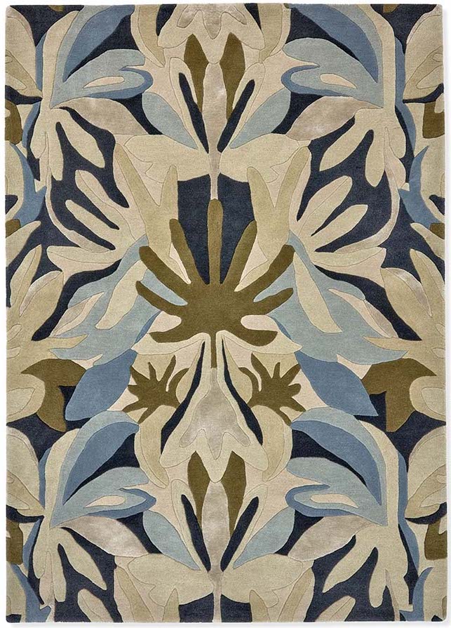 modern wool damask rug in blue, cream and brown
