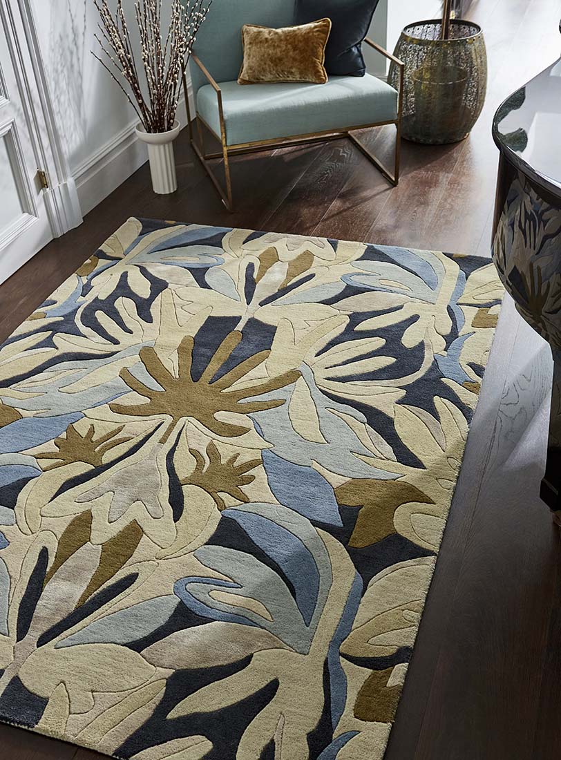 modern wool damask rug in blue