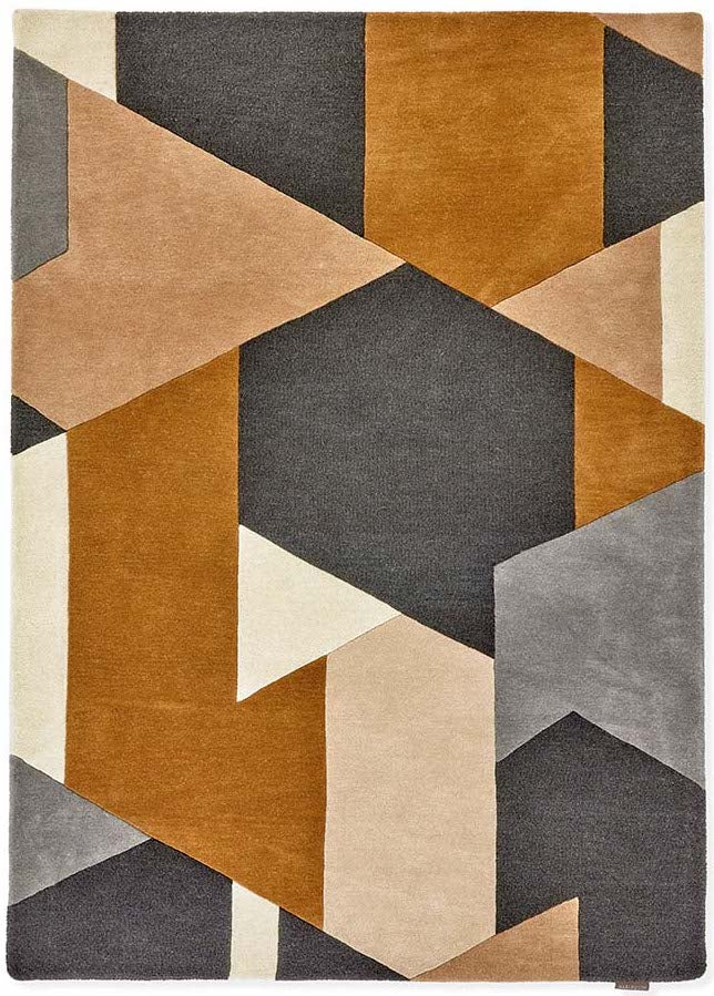 abstract wool rug in orange, cream, grey and black
