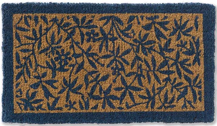 Coir doormat with blue floral pattern