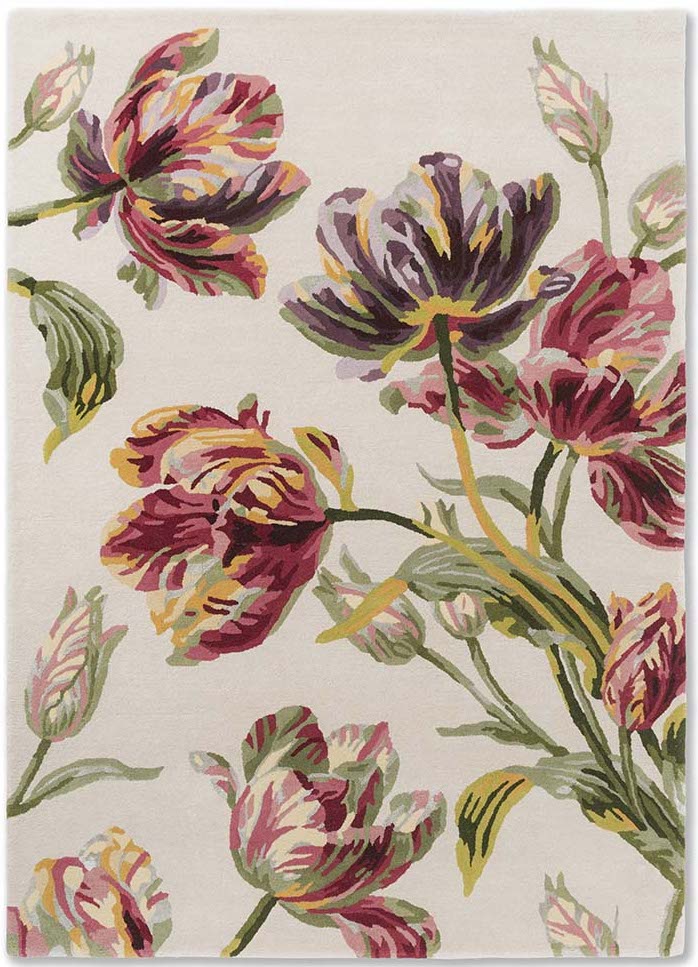 Cream wool and viscose rug with tulip design