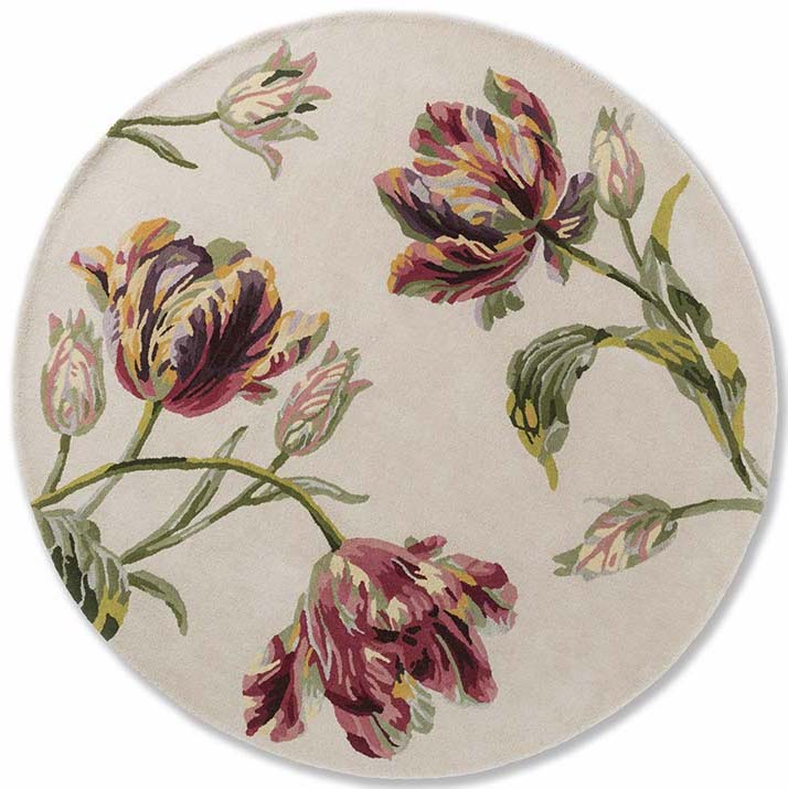 Cream wool and viscose circular rug with tulip design