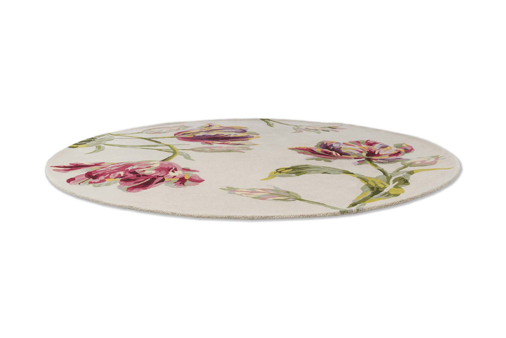 Cream wool and viscose circular rug with tulip design