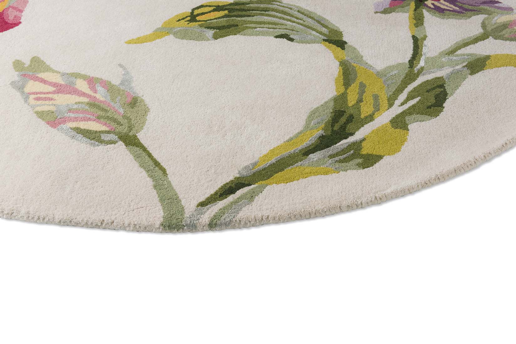 Cream wool and viscose circular rug with tulip design
