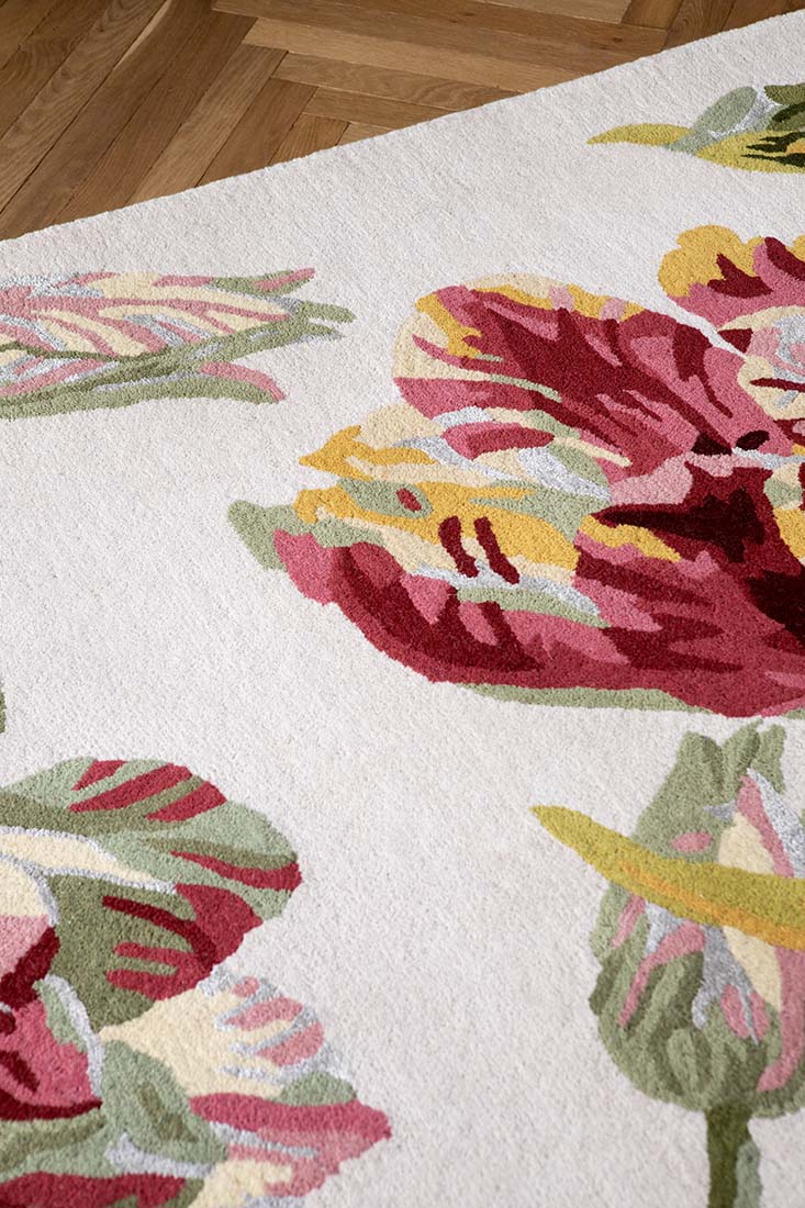 Cream wool and viscose rug with tulip design