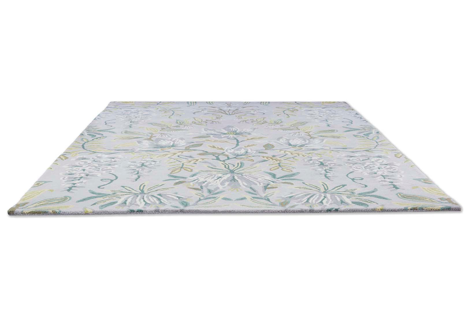 Grey wool and viscose rug with floral design