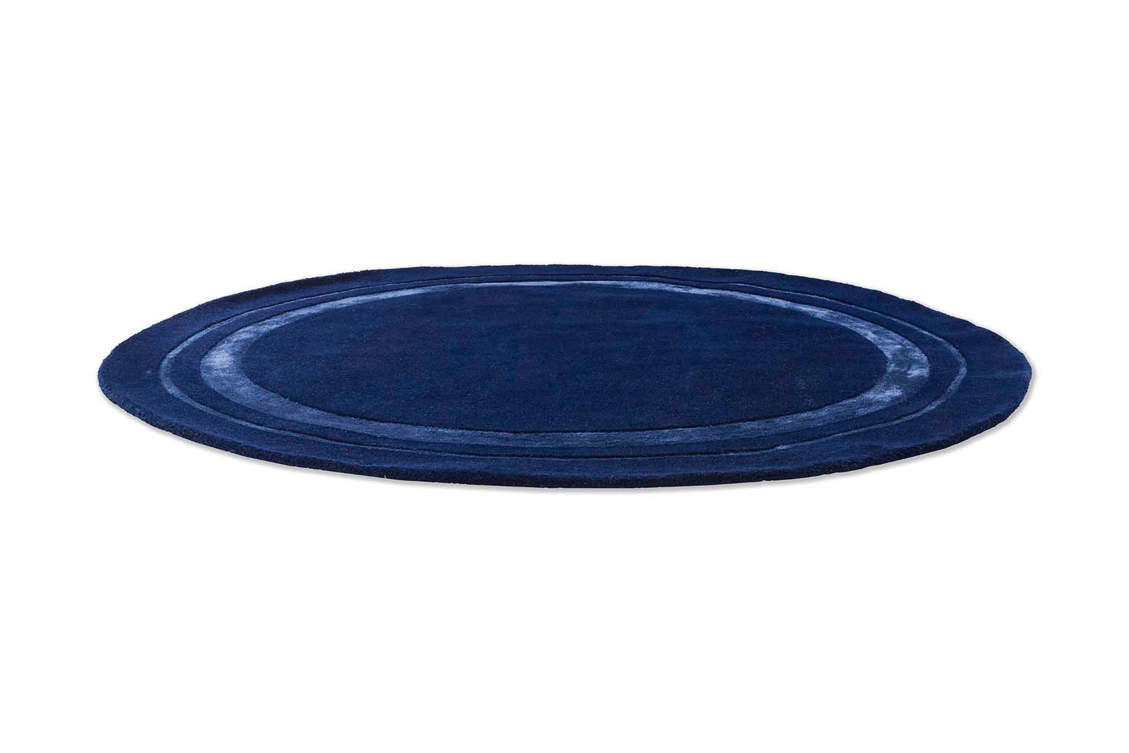 Plain blue wool and viscose circular rug
