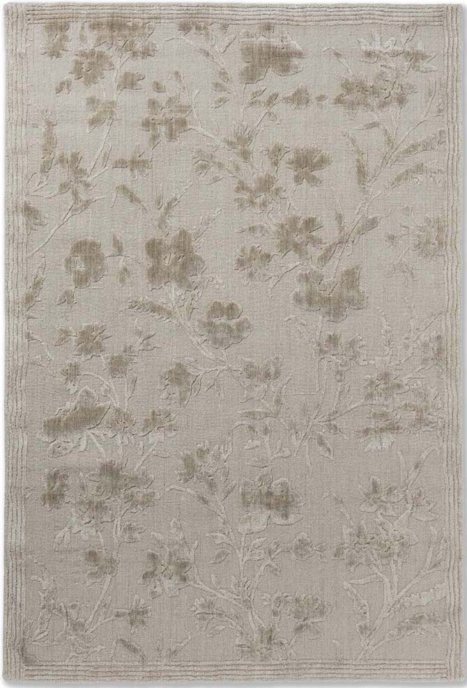 Bamboo silk, cotton and wool rug in beige with floral design.