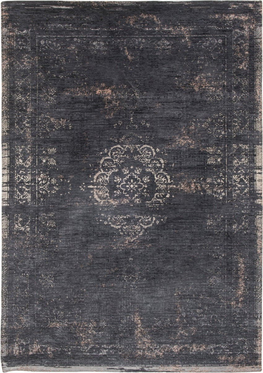 Black flatweave rug with faded persian design