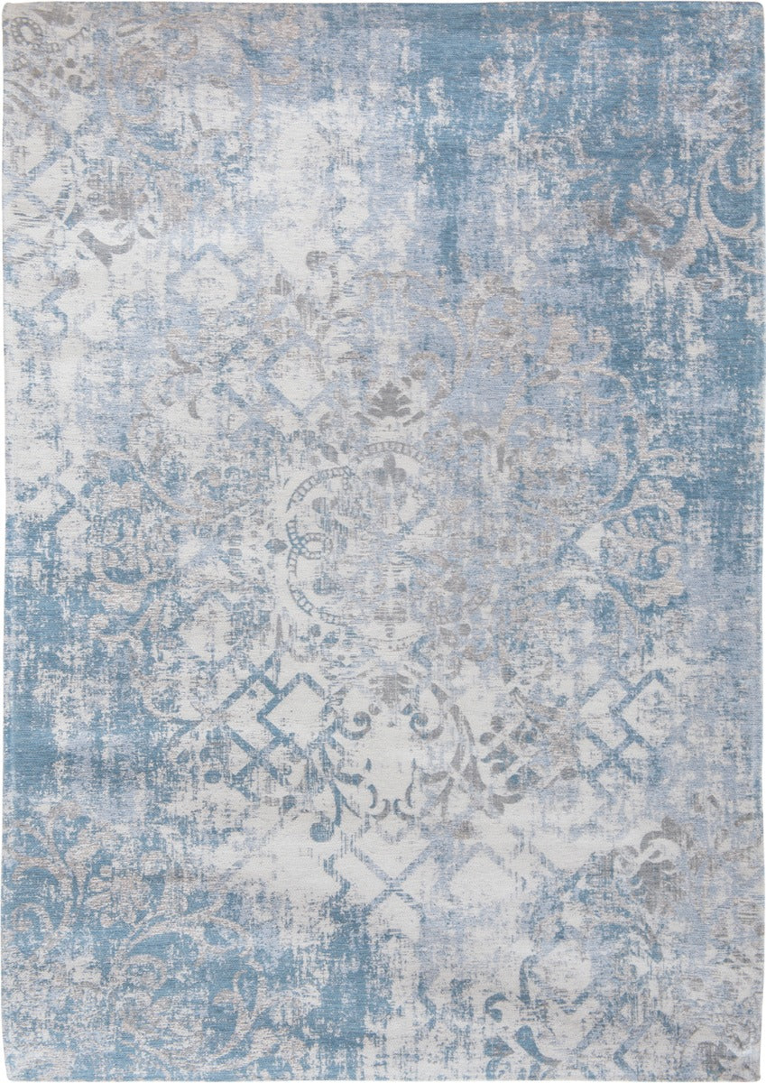 Ivory flatweave with faded floral and arabic pattern in grey and blue