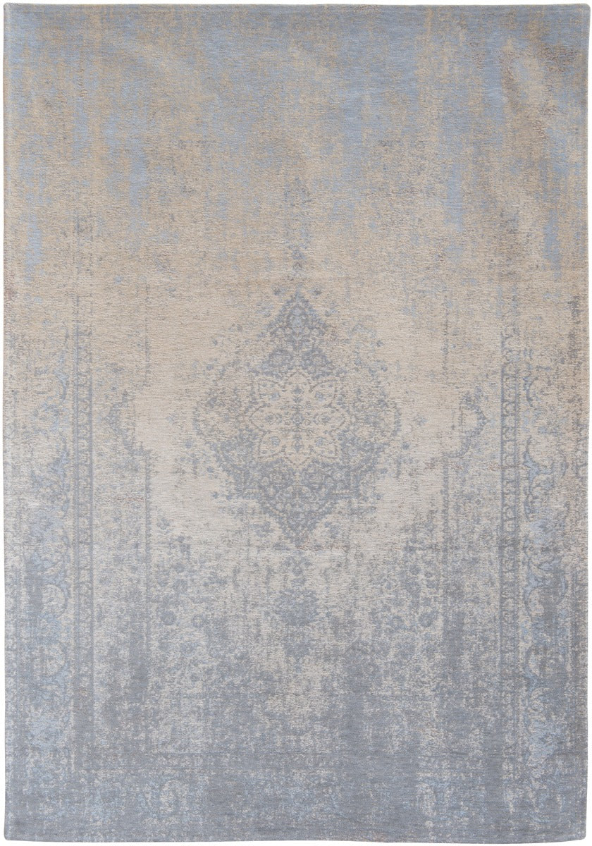 Blue and beige flatweave rug with faded persian medallion pattern
