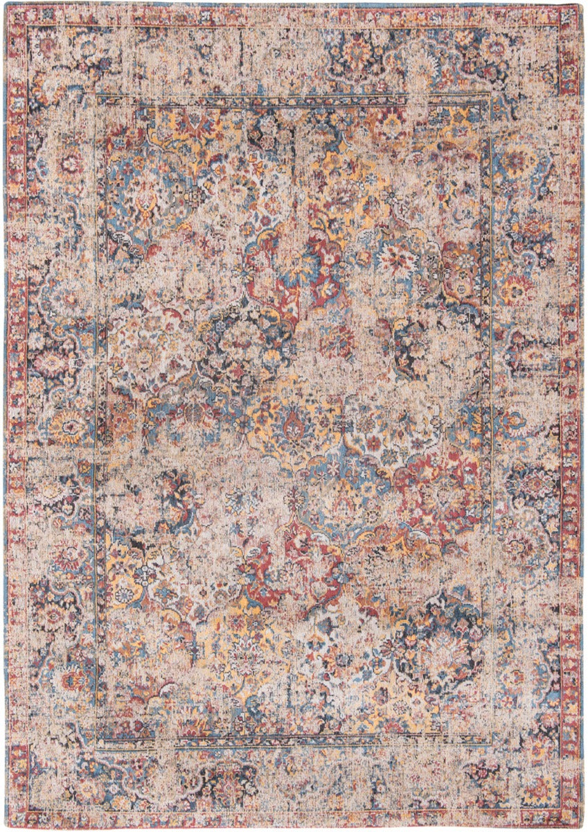 Flatweave rug with faded persian design in blue, red and yellow