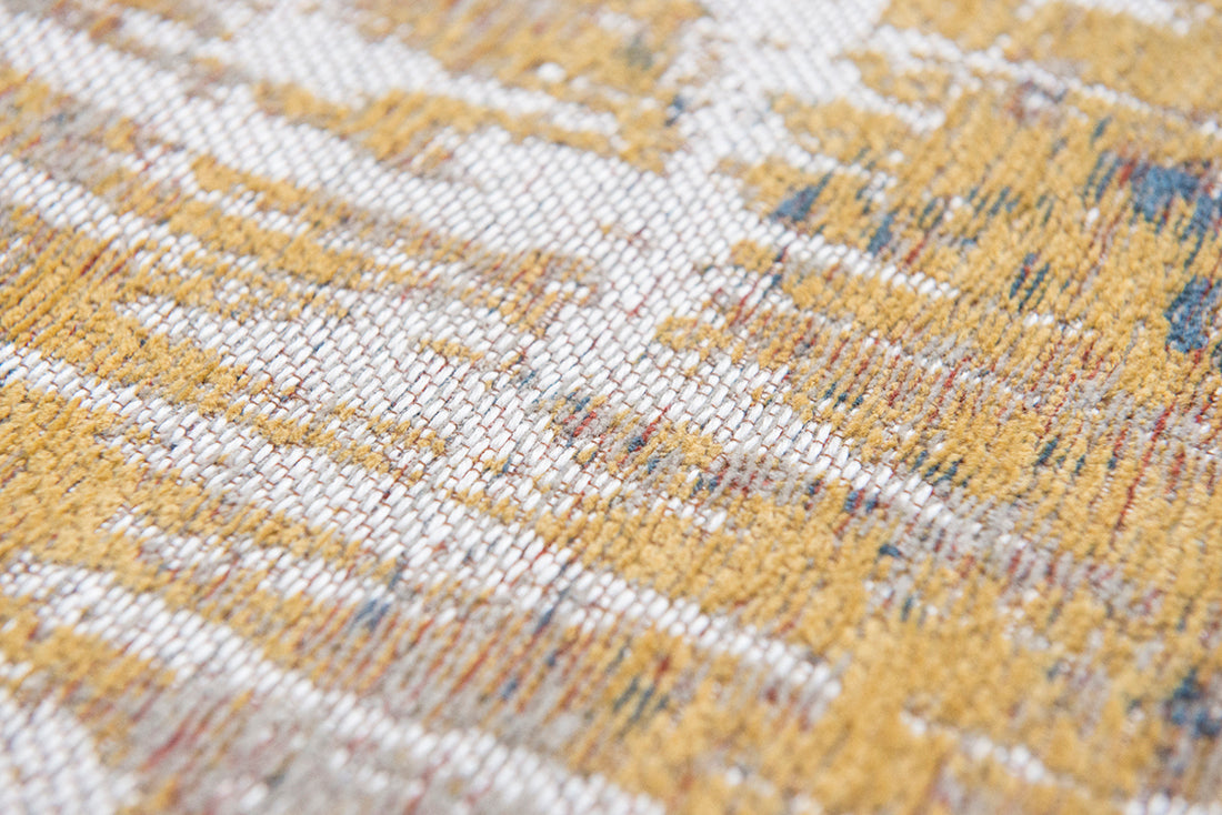 Flatweave rug with abstract stripe design in grey, beige, yellow, red and blue