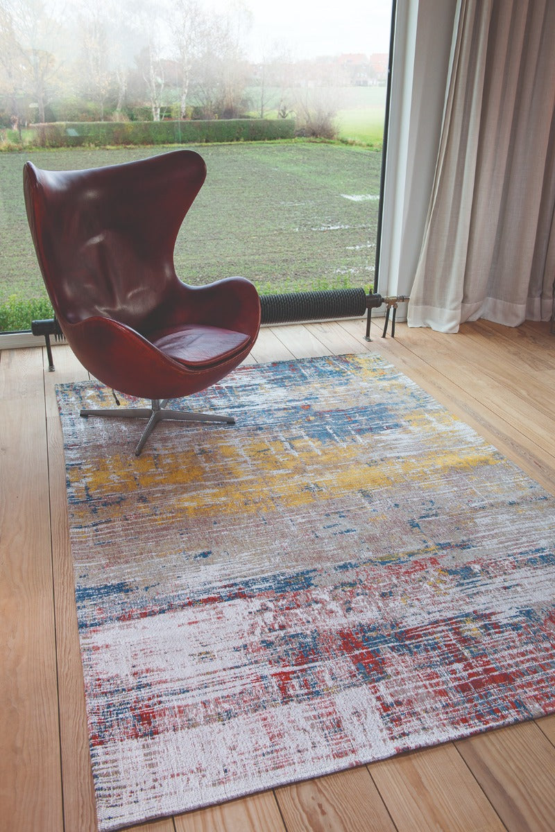 Flatweave rug with abstract stripe design in grey, beige, yellow, red and blue