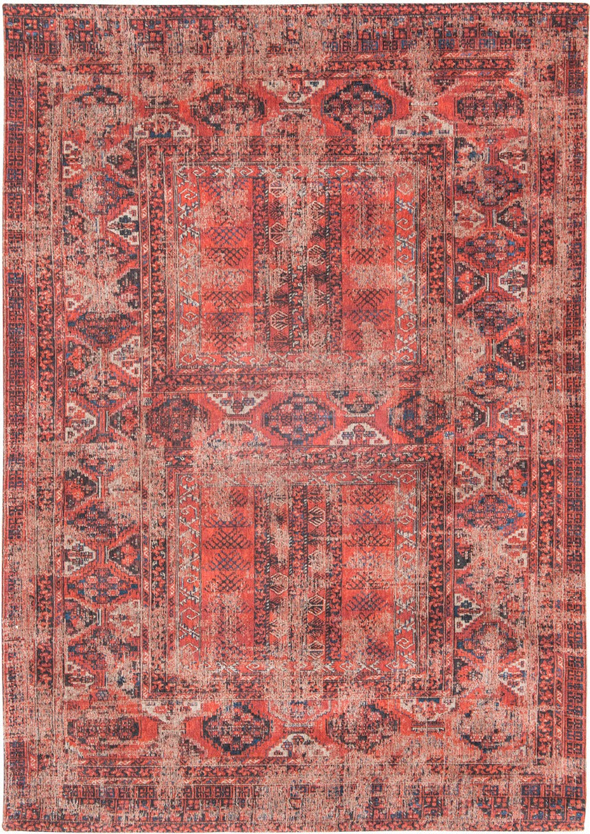 Red flatweave rug with faded persian design of floral motifs and gul medallions