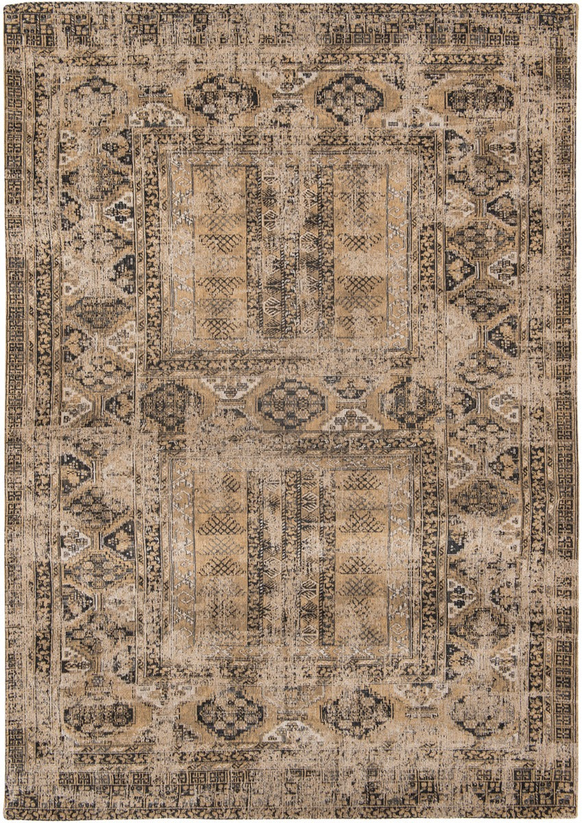 Gold and beige flatweave rug with faded persian design of floral motifs and gul medallions