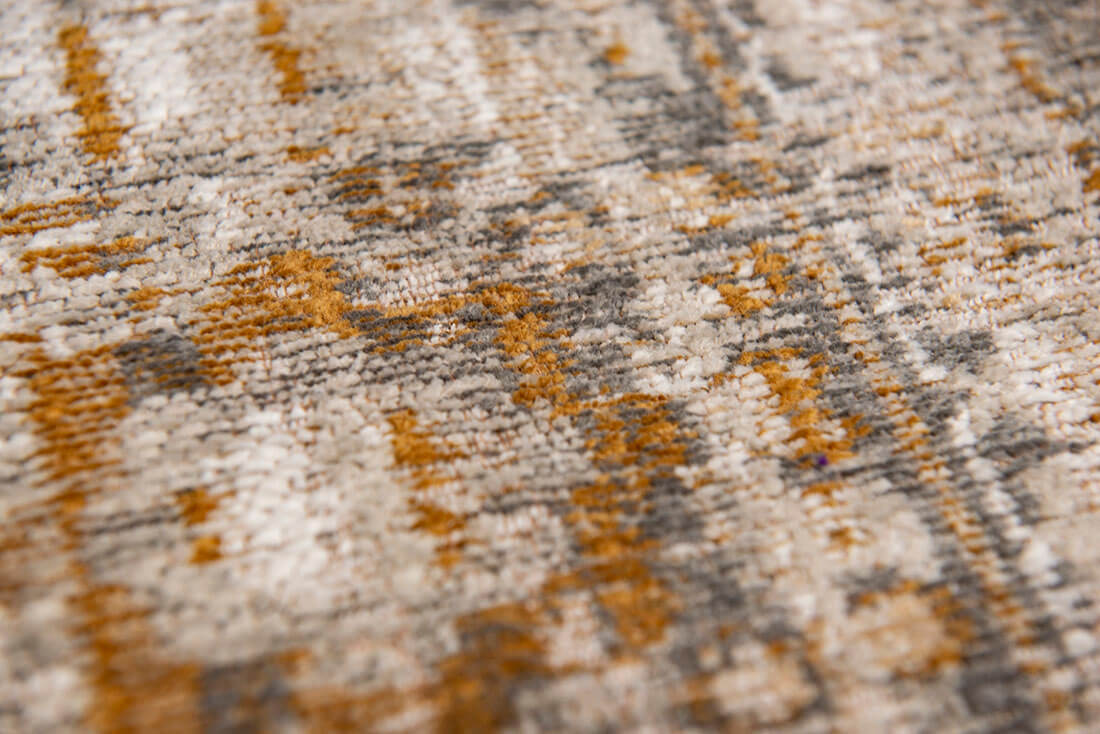 Distressed beige rug with turkish floral medallions and border in gold and grey