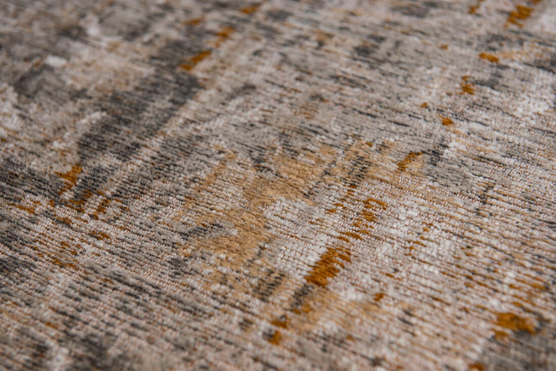 Distressed beige rug with turkish floral medallions and border in gold and grey