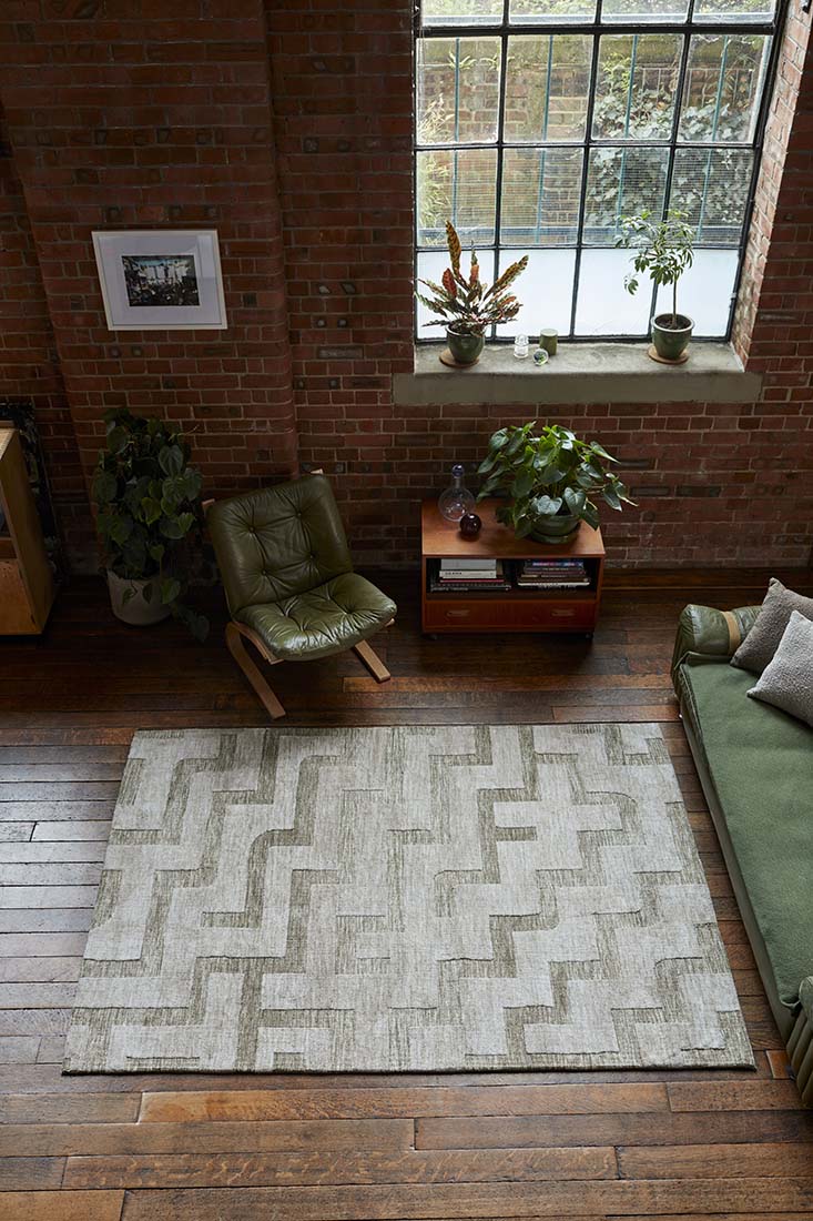 beige and green geometric polyester rug