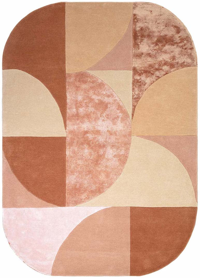 wool and viscose modern oval rug with geometric shapes in pink, orange, cream, beige and red.