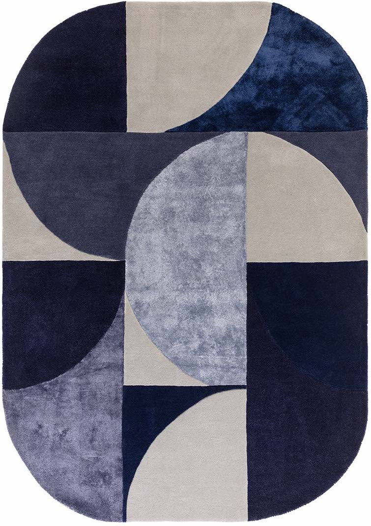 wool and viscose modern oval rug with geometric shapes in purple, blue, black and beige.
